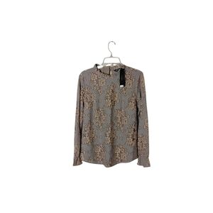 Allegra K Women's Gray Tan Floral See Through Long Sleeve Ruffle Pullover Top M